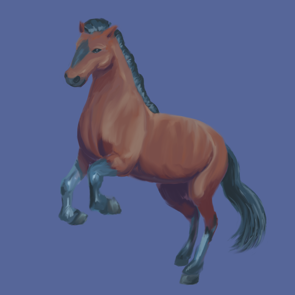 Blue hued painting of a rearing horse